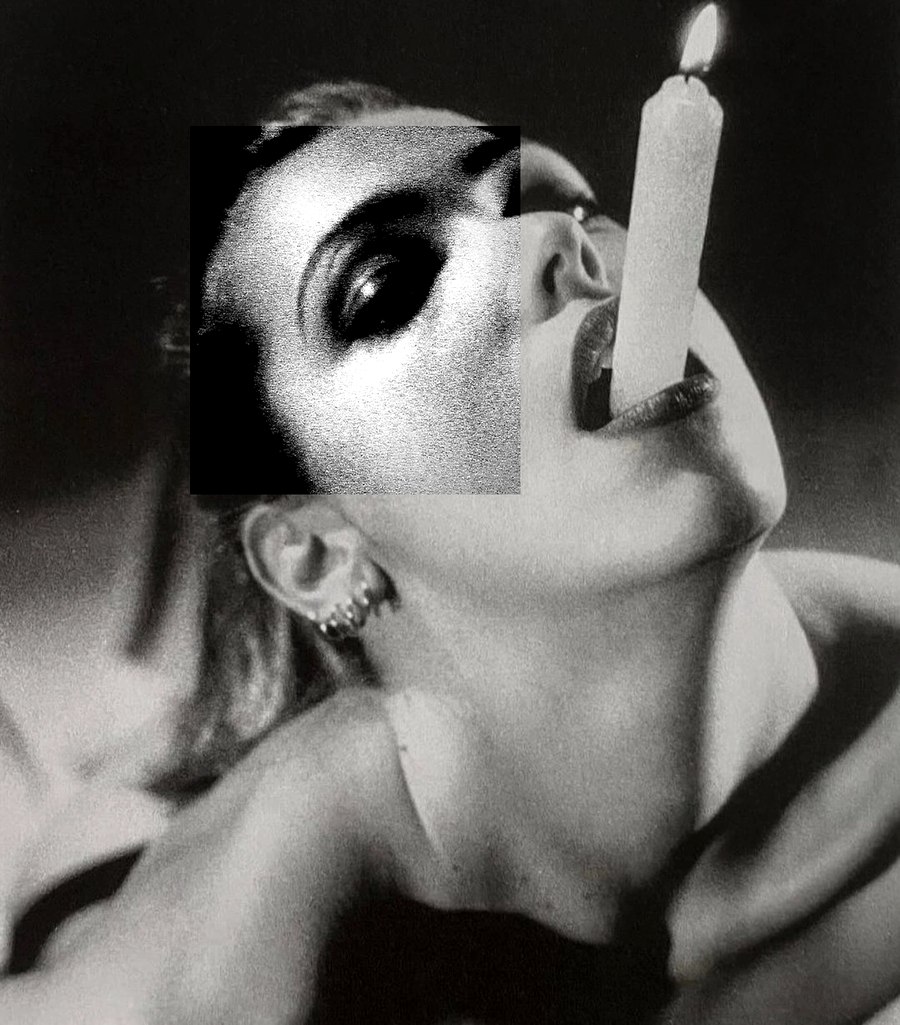 A dramatic close-up portrait, head tilted back, a lit candle held between the lips, with a doubled close-up of the eye collaged over the face.